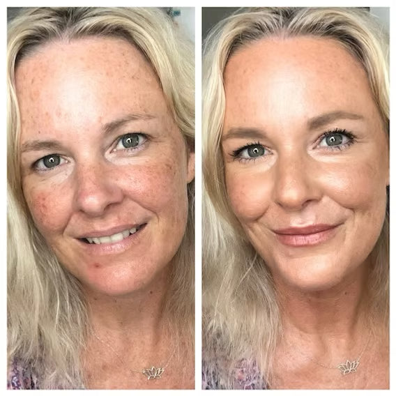 Cluttered bathroom counter full of products vs single Quasi mask package